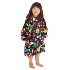 18C1066: Kids Christmas Plush Oversized Hoodie- Navy (One Size - 3-6 Years)